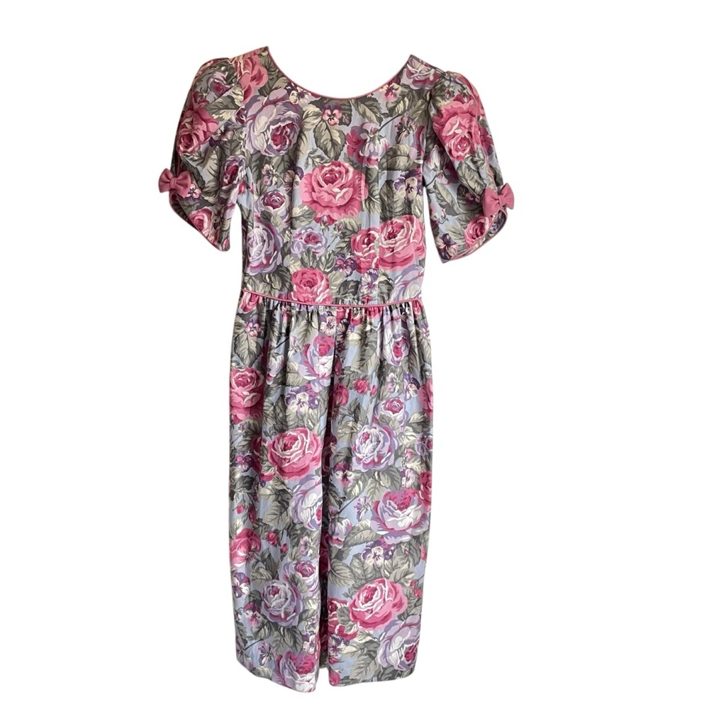 Vintage Lanz Original Botanical Cabbage Rose Floral Print Tea Midi Dress